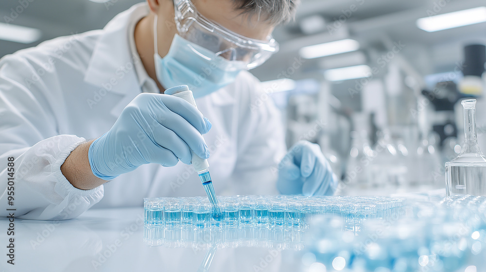 In the lab, a scientist studies a blue substance, driving medical breakthroughs for pharmaceuticals and advancing biotechnology in healthcare. Science and chemistry converge in pursuit of innovation In the lab, a scientist studies a blue substance, driving medical breakthroughs for pharmaceuticals and advancing biotechnology in healthcare. Science and chemistry converge in pursuit of innovation
