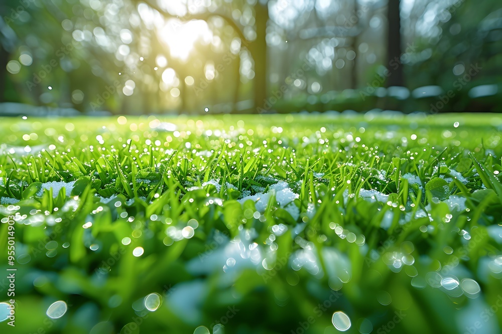 Dew-Covered Grass with Early Morning Sunlight and Melting Snow in a Serene Forest Setting Dew-Covered Grass with Early Morning Sunlight and Melting Snow in a Serene Forest Setting