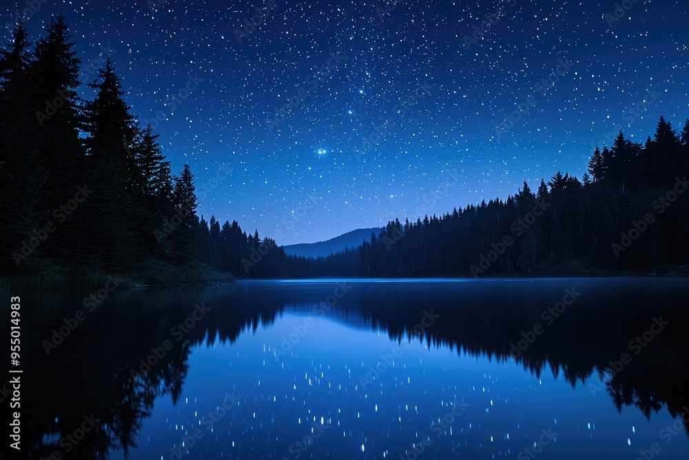 A calm starry night sky mirrored perfectly on a still reflective lake below A calm starry night sky mirrored perfectly on a still reflective lake below