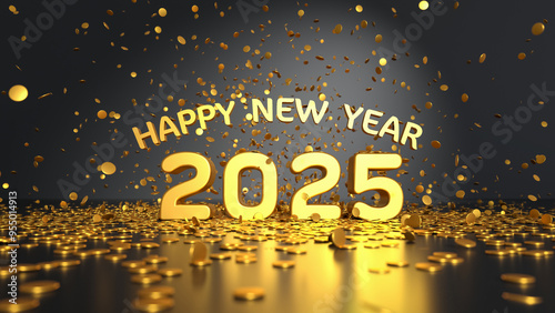 Tablou pe pânză happy new year 2025 golden text on dark gray background surrounded by golden con
