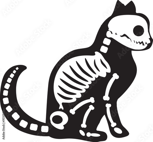 Silhouette Halloween sitting little kitten with roentgen skeleton bones, fairy tale creepy character. Scary shadow outline of sitting kitten. Simple black and white Vector isolated on white background