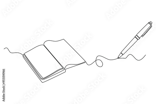 Single continuous line drawing of open book with pen or pencil above work desk. Education learning or writing business draft on office notes concept. One line draw graphic design vector illustration