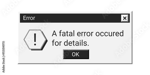 Retro fatal error message in black color. Old warning window message in retro style.