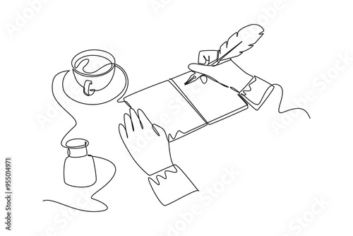Continuous one line drawing of hand writing gesture with ink and quill pen on open book with cup of coffee. Retro handwriting for writer or student. Single line draw design vector graphic illustration
