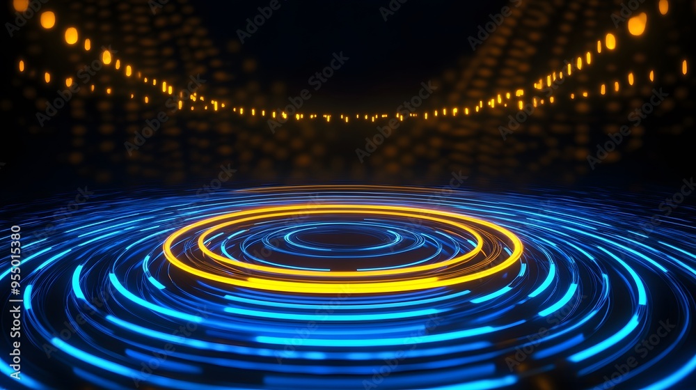 Fototapeta premium Technology yellow and blue circle light stage on black background