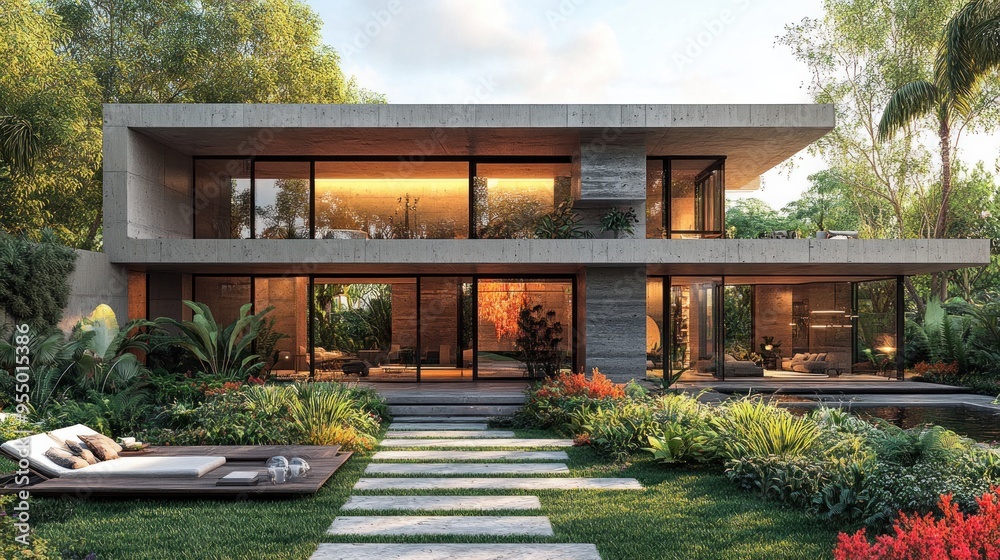 Modern house surrounded by lush greenery and a serene landscape. Modern house surrounded by lush greenery and a serene landscape.