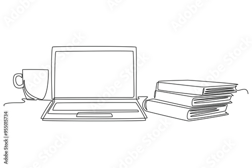 Single one line drawing of computer laptop, paper cup of coffee and open book on office table desk. College student study learning desk. Modern continuous line draw design graphic vector illustration