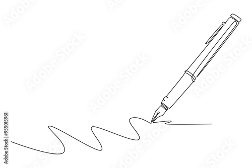 Single one line drawing vintage or retro ballpoint. Pen logo icon. Back to school or college equipment stationery. Education learning concept. Continuous line draw design graphic vector illustration