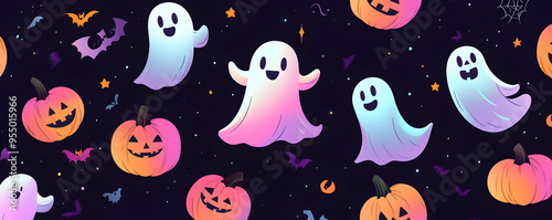 “Many Cute Cartoon Ghosts and Pumpkins in Purple, Pink, and Orange, Creating a Whimsical and Festive Halloween Scene, Perfect for Halloween Decorations and Fun Illustrations with a Focus on Playfulnes photo