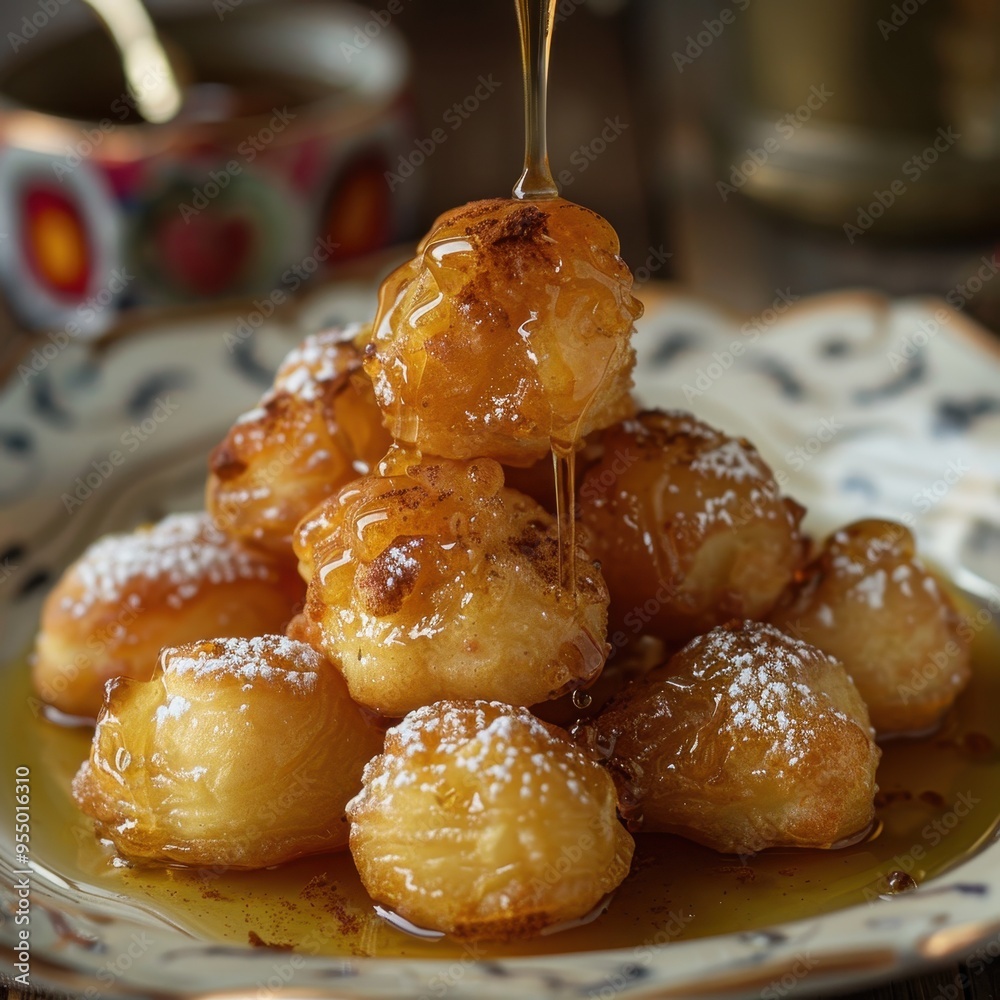 A serving of loukoumades, Greek honey puffs drizzled with honey and sprinkled with cinnamon, served on a decorative plate A serving of loukoumades, Greek honey puffs drizzled with honey and sprinkled with cinnamon, served on a decorative plate