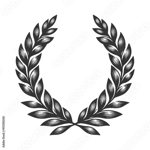 laurel wreath, symbolizing victory and honor, depicted in a detailed engraving style sketch engraving generative ai vector illustration. Scratch board imitation. Black and white image.