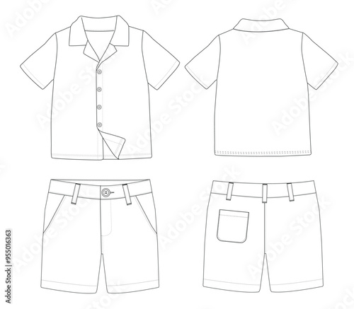 baby boys short sleeve shirt and shorts resort wear set fashion flat sketch vector illustration vector template with front and back view,