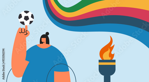 Sports athletic Paralympian Girl in a wheelchair with ball and torch for fire. Sport Games 2024. Flat vector illustration. photo