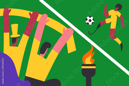 Sports Paralympian funs and football player with prosthetic leg  with a flaming torch. Sport Games 2024. Flat vector illustration.