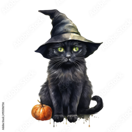 A Black Cat Wearing a Witch's Hat and Holding a Pumpkin