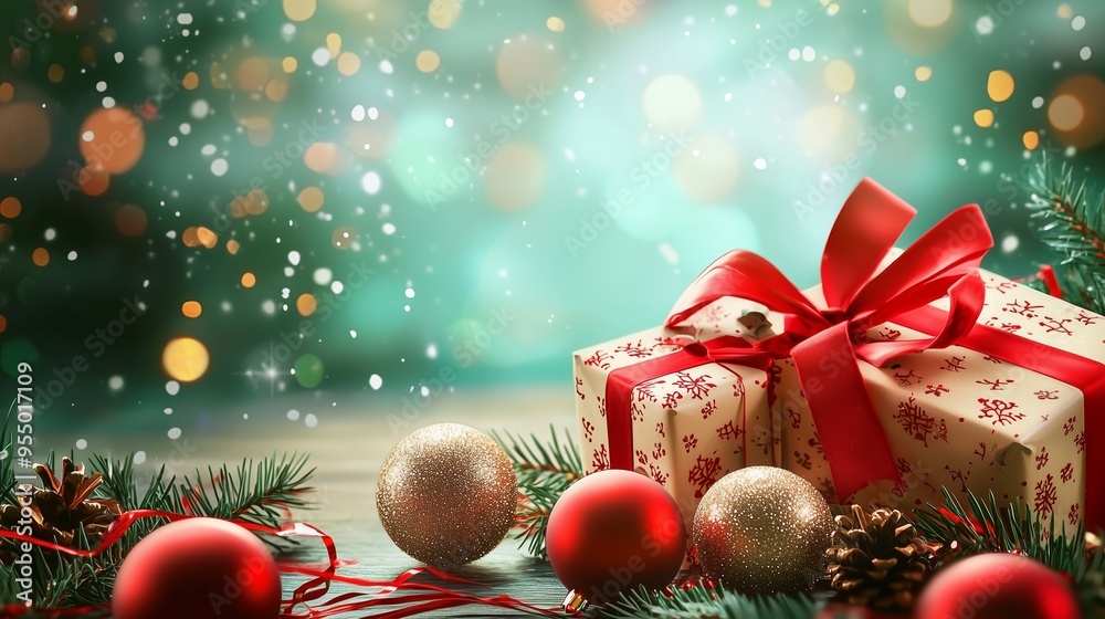 Obraz premium Art christmas festive background with christmas balls and gift b.