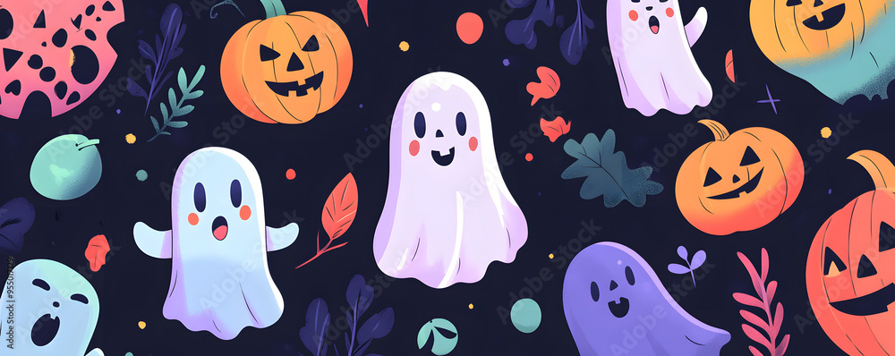 “Many Cute Cartoon Ghosts and Pumpkins in Purple, Pink, and Orange, Creating a Whimsical and Festive Halloween Scene, Perfect for Halloween Decorations and Fun Illustrations with a Focus on Playfulnes “Many Cute Cartoon Ghosts and Pumpkins in Purple, Pink, and Orange, Creating a Whimsical and Festive Halloween Scene, Perfect for Halloween Decorations and Fun Illustrations with a Focus on Playfulnes