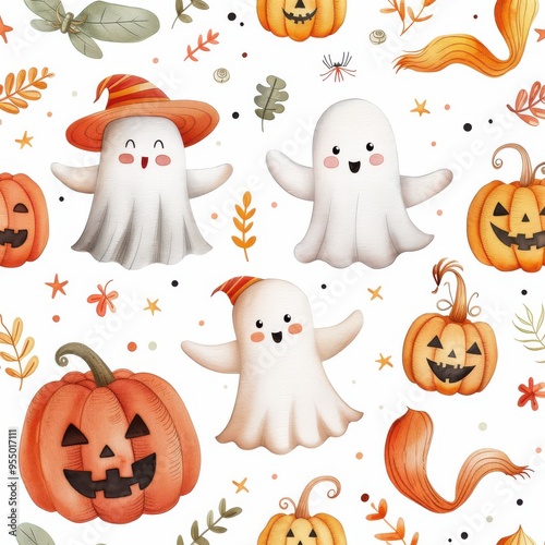 Cute Halloween Ghosts and Pumpkins Seamless Pattern