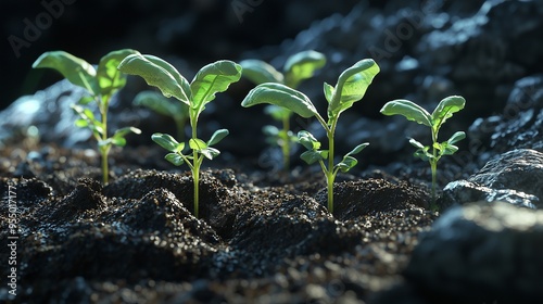 The seedlings are growing from the rich soil and have an icon attached to the nutrients necessary for plant growth. photo