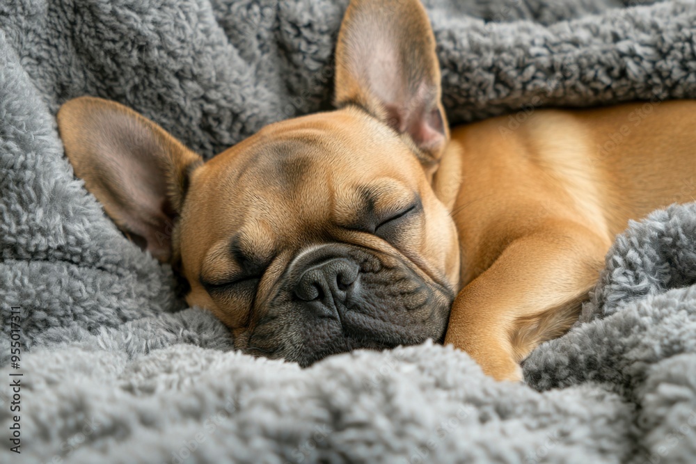 A Sleeping French Bulldog Wrapped in a Gray Blanket A Sleeping French Bulldog Wrapped in a Gray Blanket
