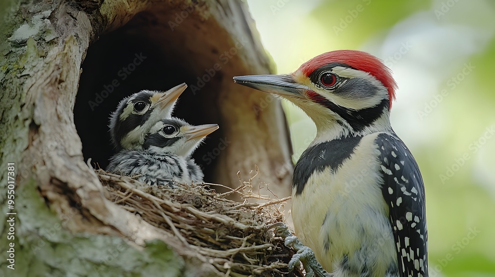 Fototapeta premium Baby Woodpecker Peering from Nest in Tree Cavity