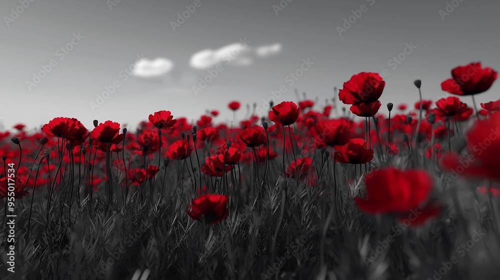 Obraz premium Red poppies on b/w field.