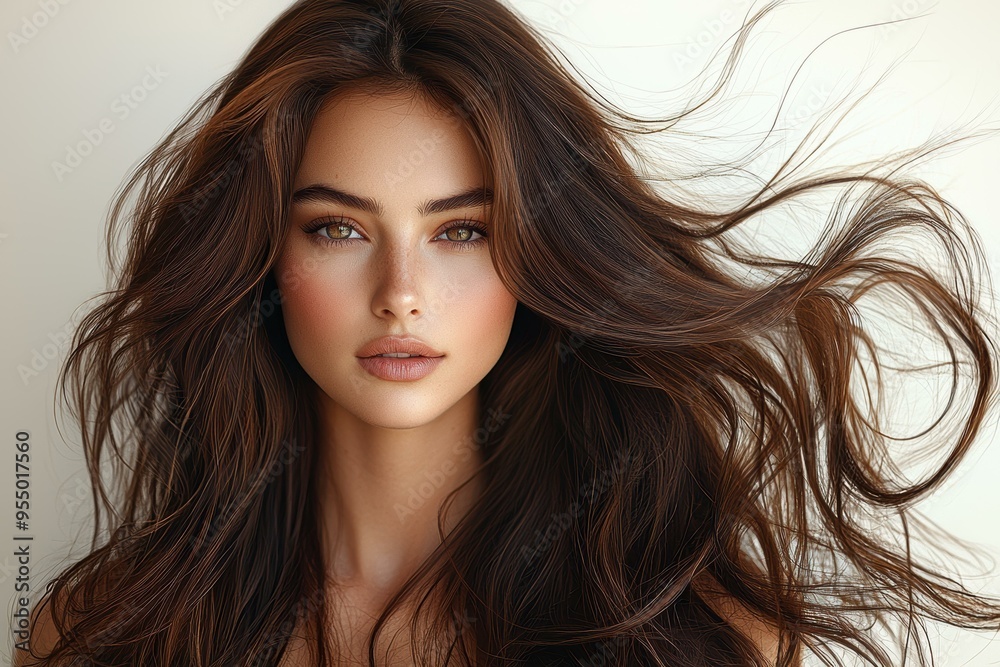 Fototapeta premium A young woman with flowing brown hair and striking green eyes gazes intently at the camera, her natural beauty enhanced by minimal makeup ideal for beauty, hair care