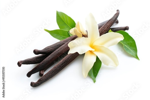 Vanilla flower and pods with leaves isolated on a white background , ai