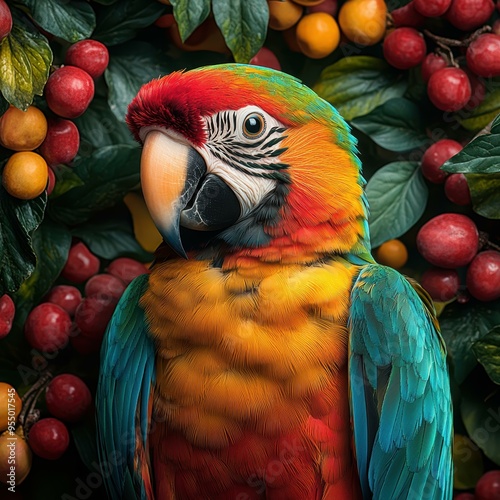 A vibrant image of a colorful parrot surrounded by fruits and green leaves, ideal for advertisements, nature blogs, and educational materials on tropical wildlife, photo