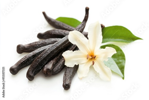Vanilla flower and pods with leaves isolated on a white background , ai