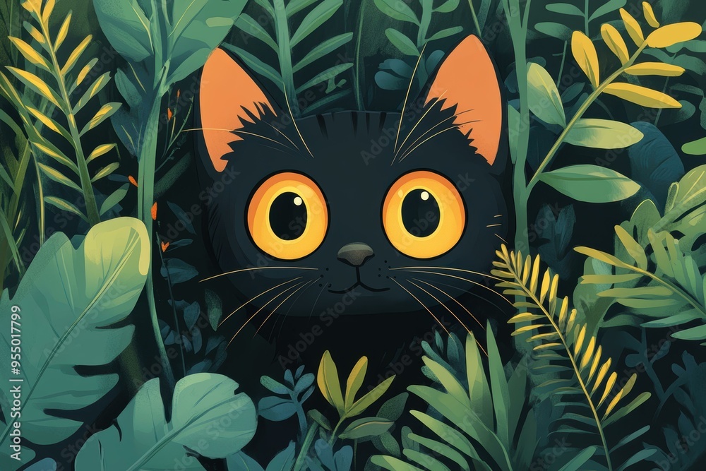 An adorable black cat with large, curious yellow eyes peeks through lush green foliage, creating a sense of mystery and playfulness perfect for use in themes of nature, curiosity, or playful animals, An adorable black cat with large, curious yellow eyes peeks through lush green foliage, creating a sense of mystery and playfulness perfect for use in themes of nature, curiosity, or playful animals,