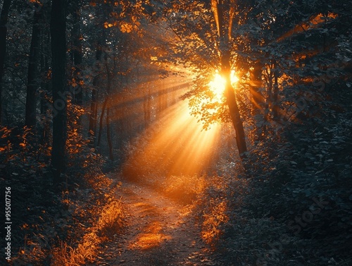 Sunbeams piercing through dense forest branches illuminating a dark path