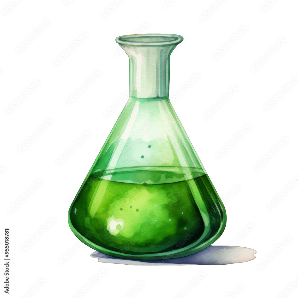 Watercolor Illustration of a Glass Flask Filled with Green Liquid Watercolor Illustration of a Glass Flask Filled with Green Liquid