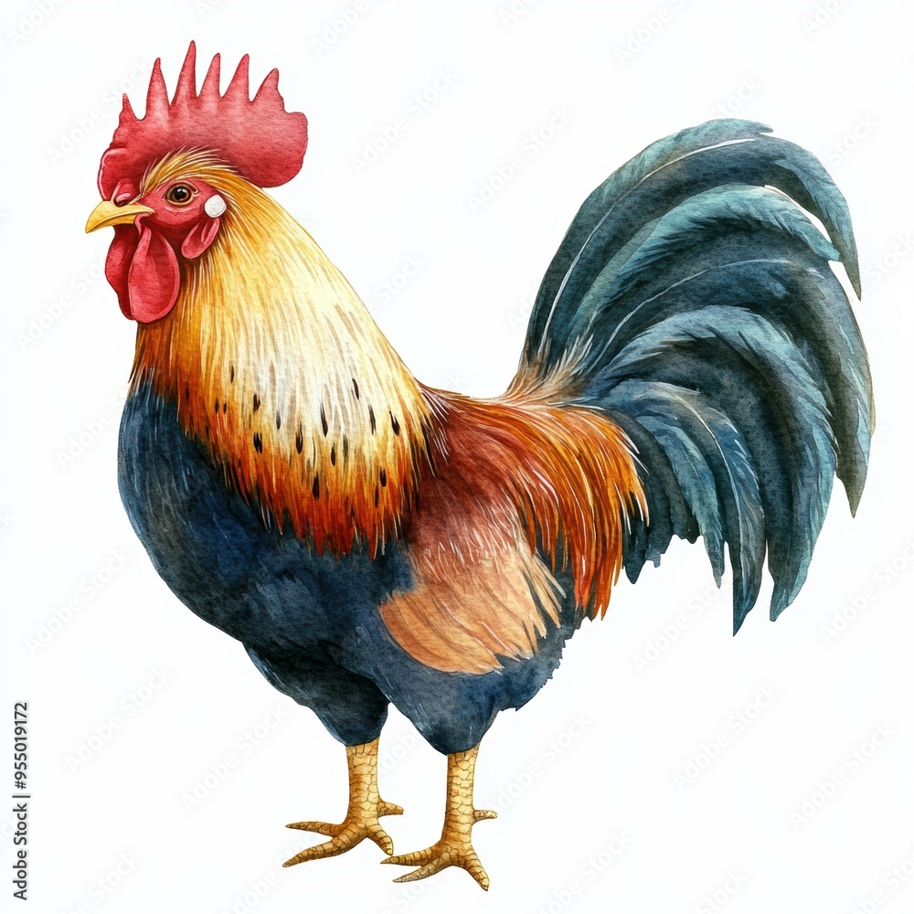 Fototapeta premium A vibrant watercolor illustration of a rooster with detailed plumage, ideal for use in agricultural, culinary, or nature-themed publications and designs,