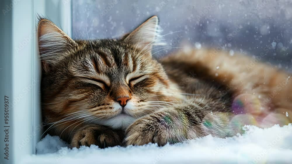 adorable Cat peacefully sleeping on a cozy table near window looping 4k time-lapse virtual video animation background. adorable Cat peacefully sleeping on a cozy table near window looping 4k time-lapse virtual video animation background.