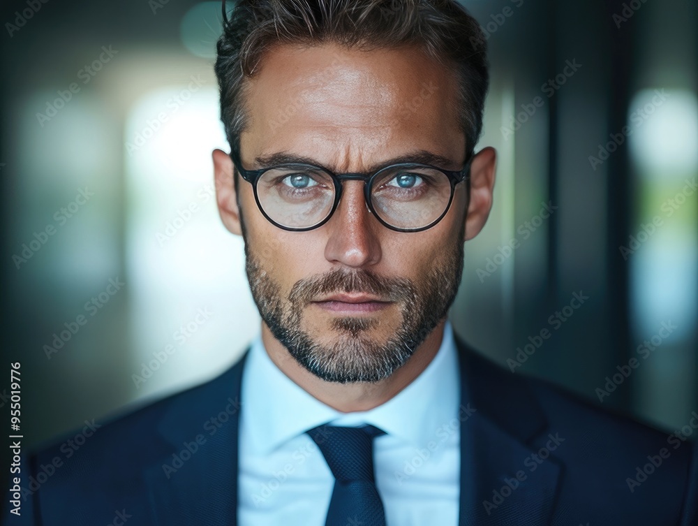 Closeup of a stern boss with a blank expression in a neat environment Closeup of a stern boss with a blank expression in a neat environment
