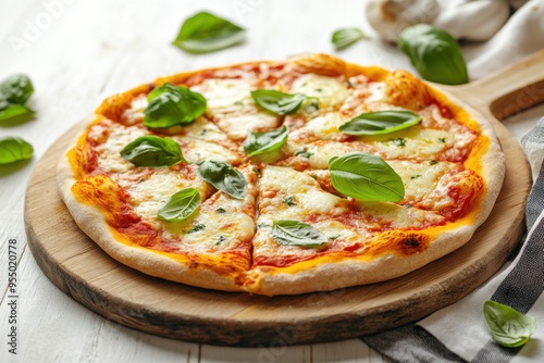 Classic Margherita Pizza with Fresh Basil Leaves 