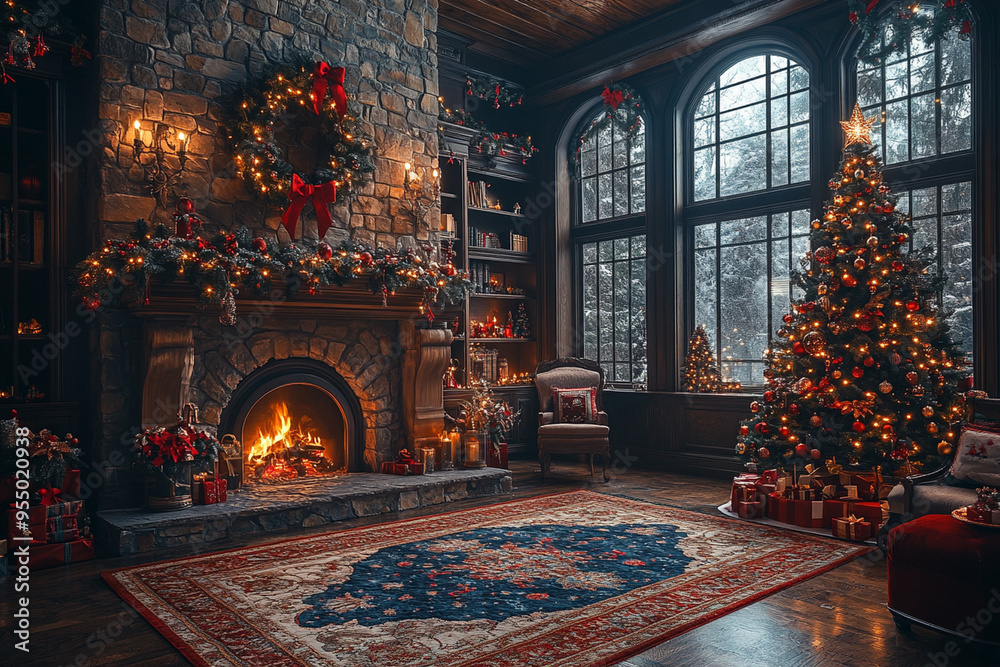Obraz premium Christmas tree and decorations next to fireplace