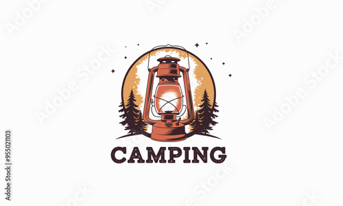 A vintage lantern with pine trees and night sky background, "Camping Explore Night."