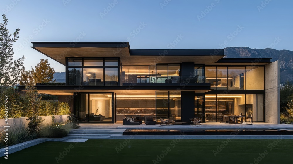 Fototapeta premium Luxury property , Modern architecture , High-end geometric residence for sale , Luxury property with rooftop terrace and panoramic views , Modern concrete and glass home with sharp angles