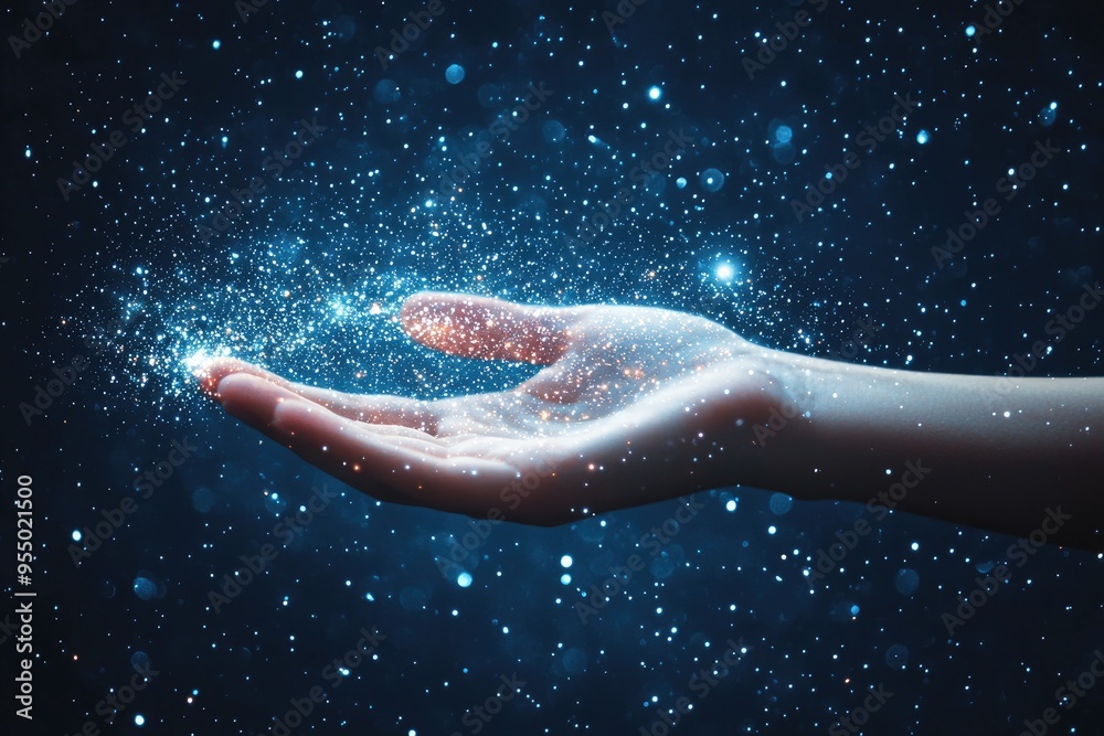 Fototapeta premium A hand outstretched glowing ethereally filled with galaxies and star clusters