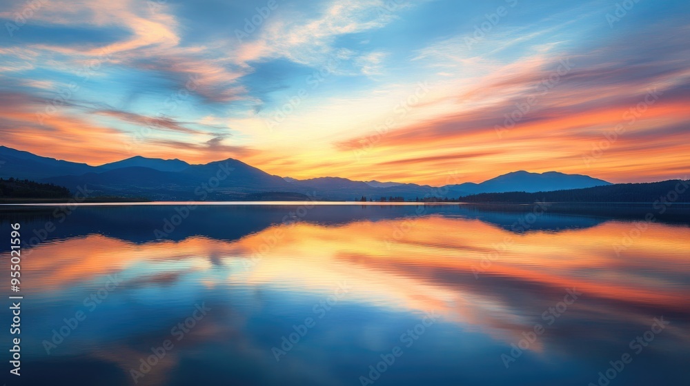 custom made wallpaper toronto digitalSerene sunset over a tranquil lake, reflecting distant mountains and a colorful sky with soft hues of orange and blue