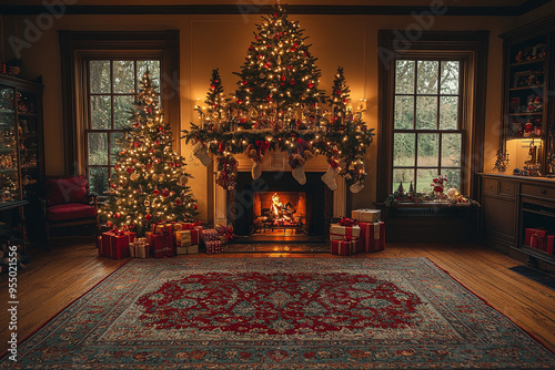 Christmas tree and decorations next to fireplace