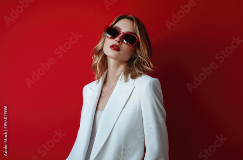 an elegant woman in a white suit and sunglasses, posing against a red background. She is holding her glasses up to the camera lens, looking over her shoulder at the viewer with confidence and attitude photo