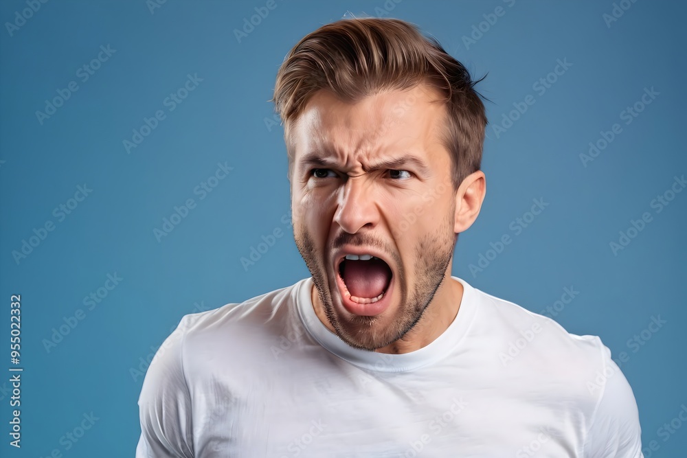 Angry Caucasian man shouting, isolated on blue background. Close-up portrait capturing intense emotion and anger. Angry Caucasian man shouting, isolated on blue background. Close-up portrait capturing intense emotion and anger.