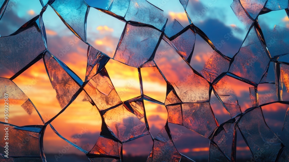 Shattered glass pieces in close-up, set against a vivid sunset sky, forming a unique and captivating pattern Shattered glass pieces in close-up, set against a vivid sunset sky, forming a unique and captivating pattern