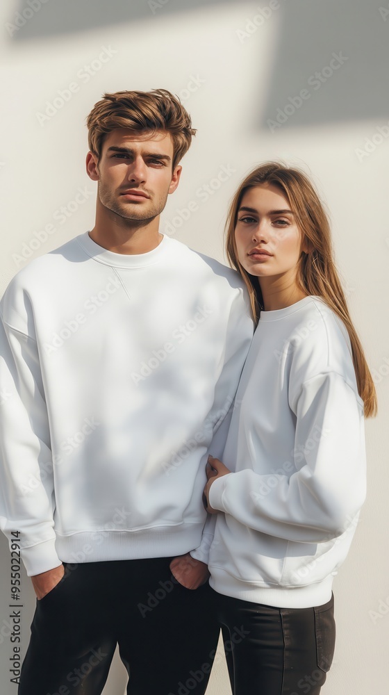 A young couple is posing confidently in trendy white sweatshirts, showcasing their casual style in a well-lit urban setting A young couple is posing confidently in trendy white sweatshirts, showcasing their casual style in a well-lit urban setting
