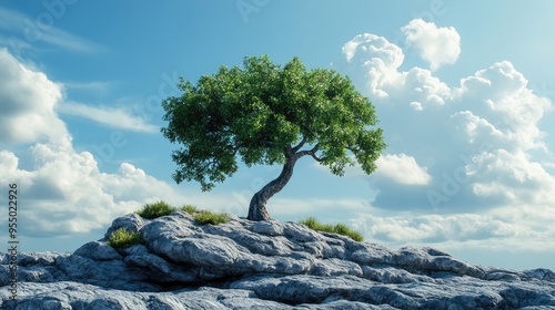 Single tree on rocky land, standing strong beneath an open sky, representing nature's unyielding spirit photo