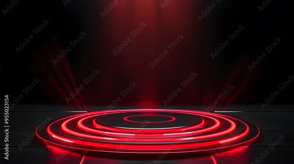 Fototapeta premium Technology red circle light stage on black background