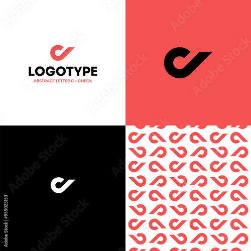 Logo Abstract C Letter Concept Modern Minimalism Flat Design Red Check Right